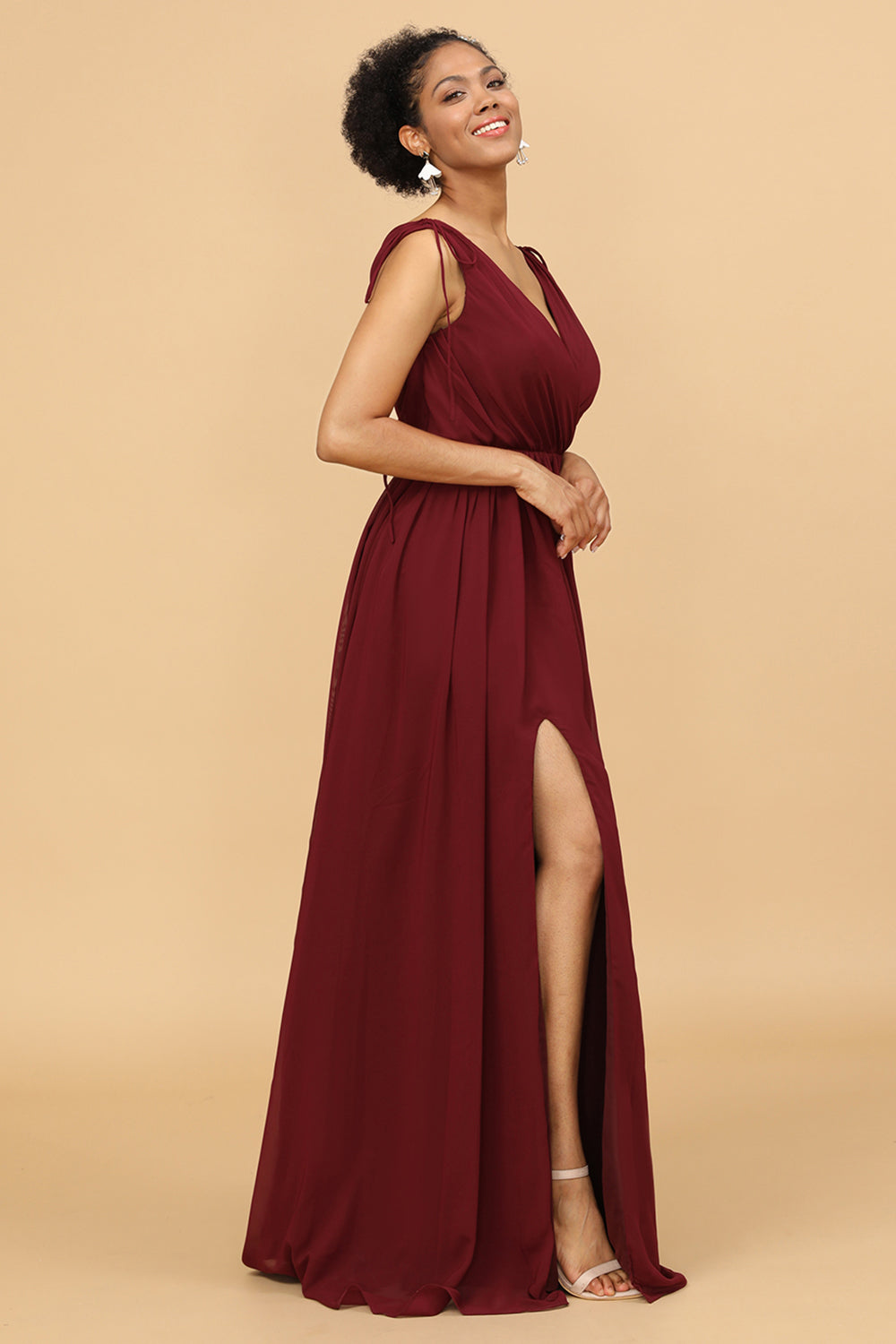 Wedtrend Women Burgundy V-Neck Backless Ruched Long Chiffon Bridesmaid Dress with Slit WEDTREND Wedtrend Women Burgundy V-Neck Backless Ruched Long Chiffon Bridesmaid Dress with Slit WEDTREND