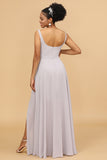 Grey Sheath Square Neck Long Chiffon Bridesmaid Dress