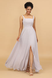 Grey Sheath Square Neck Long Chiffon Bridesmaid Dress