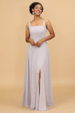 Grey Sheath Square Neck Long Chiffon Bridesmaid Dress