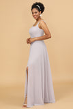 Grey Sheath Square Neck Long Chiffon Bridesmaid Dress