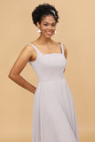 Grey Sheath Square Neck Long Chiffon Bridesmaid Dress