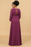 Purple Long Sleeves V-Neck Chiffon Bridesmaid Dress with Bowknot