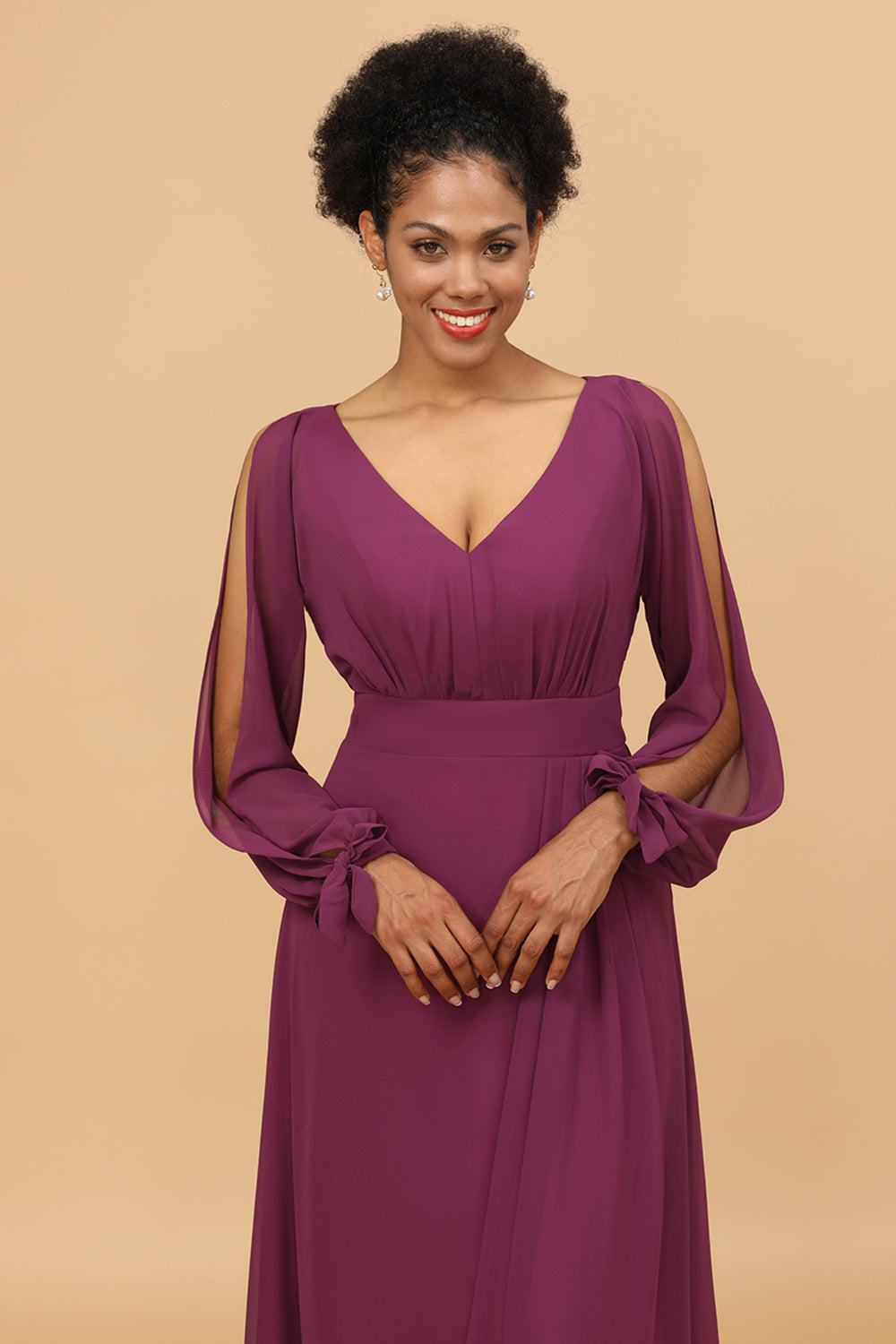 Orkan Hjemland skat Wedtrend Women Purple Long Sleeves V-Neck Chiffon Bridesmaid Dress with  Bowknot – WEDTREND