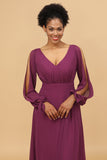 Purple Long Sleeves V-Neck Chiffon Bridesmaid Dress with Bowknot