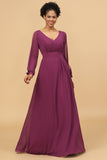 Purple Long Sleeves V-Neck Chiffon Bridesmaid Dress with Bowknot
