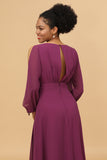 Purple Long Sleeves V-Neck Chiffon Bridesmaid Dress with Bowknot