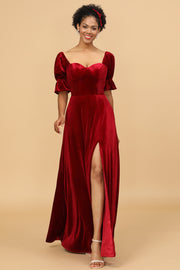 Burgundy Flare Sleeves Velvet Bridesmaid Dress with Slit