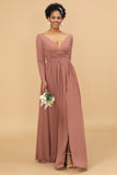 A Line V-Neck Long Sleeves Chiffon Bridesmaid Dress with Slit