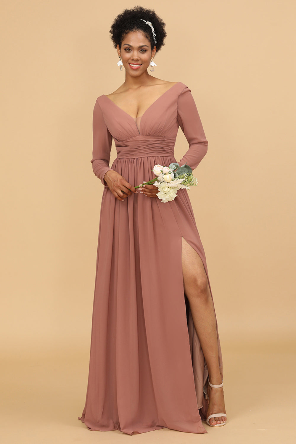 Wedtrend Women Blush V-Neck Long Sleeves Chiffon Bridesmaid Dress with Slit WEDTREND Wedtrend Women Blush V-Neck Long Sleeves Chiffon Bridesmaid Dress with Slit WEDTREND