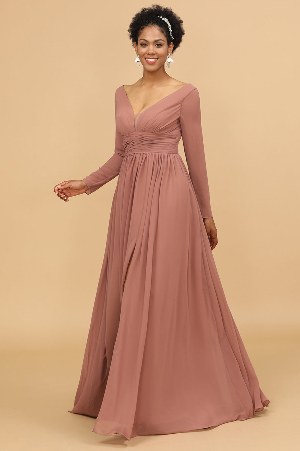 Wedtrend Women Blush V-Neck Long Sleeves Chiffon Bridesmaid Dress with Slit WEDTREND Wedtrend Women Blush V-Neck Long Sleeves Chiffon Bridesmaid Dress with Slit WEDTREND