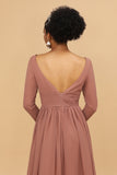Blush V-Neck Long Sleeves Chiffon Bridesmaid Dress with Slit