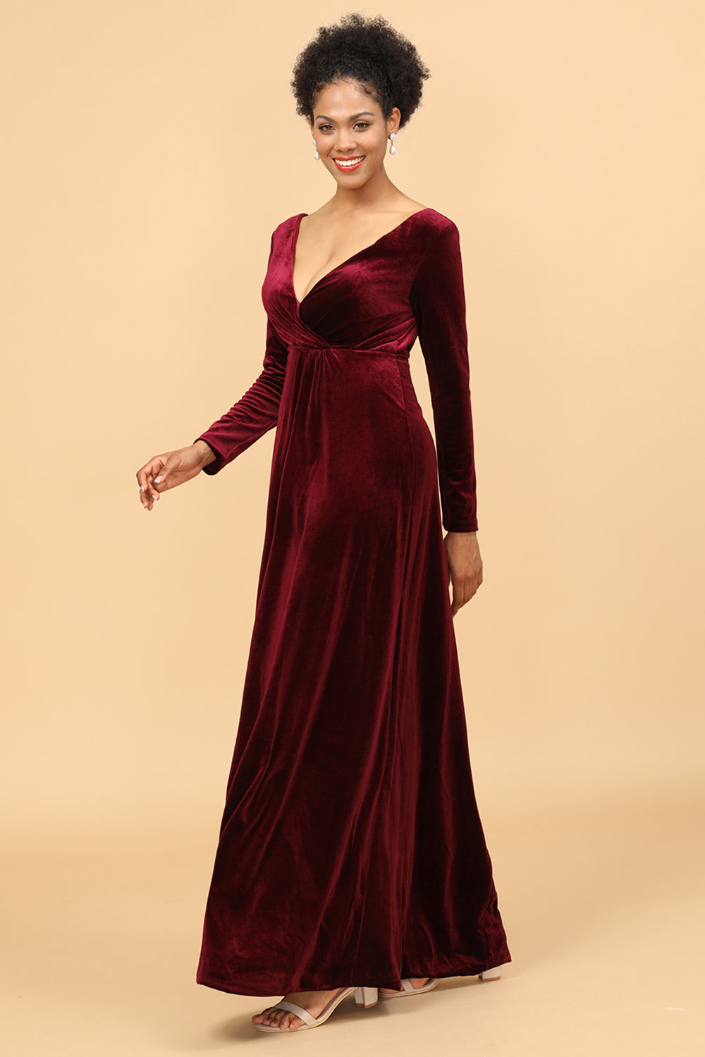Burgundy Sheath Deep V-Neck Floor Length Velvet Bridesmaid Dress