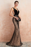 Black Mermaid Deep V Neck Sequins Floor Length Wedding Dress