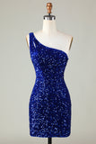 Royal Blue One Shoulder Sequins Tight Beading Short Homecoming Dress