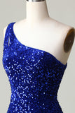 Royal Blue One Shoulder Sequins Tight Beading Short Homecoming Dress