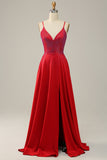Red A Line Spaghetti Straps Beaded Long Wedding Party Dress with Slit