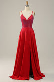 A Line Spaghetti Straps Red Beaded Long Prom Dress