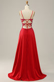 Red A Line Spaghetti Straps Beaded Long Wedding Party Dress with Slit