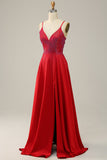 Red A Line Spaghetti Straps Beaded Long Wedding Party Dress with Slit