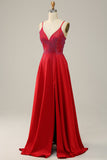 A Line Spaghetti Straps Red Beaded Long Prom Dress