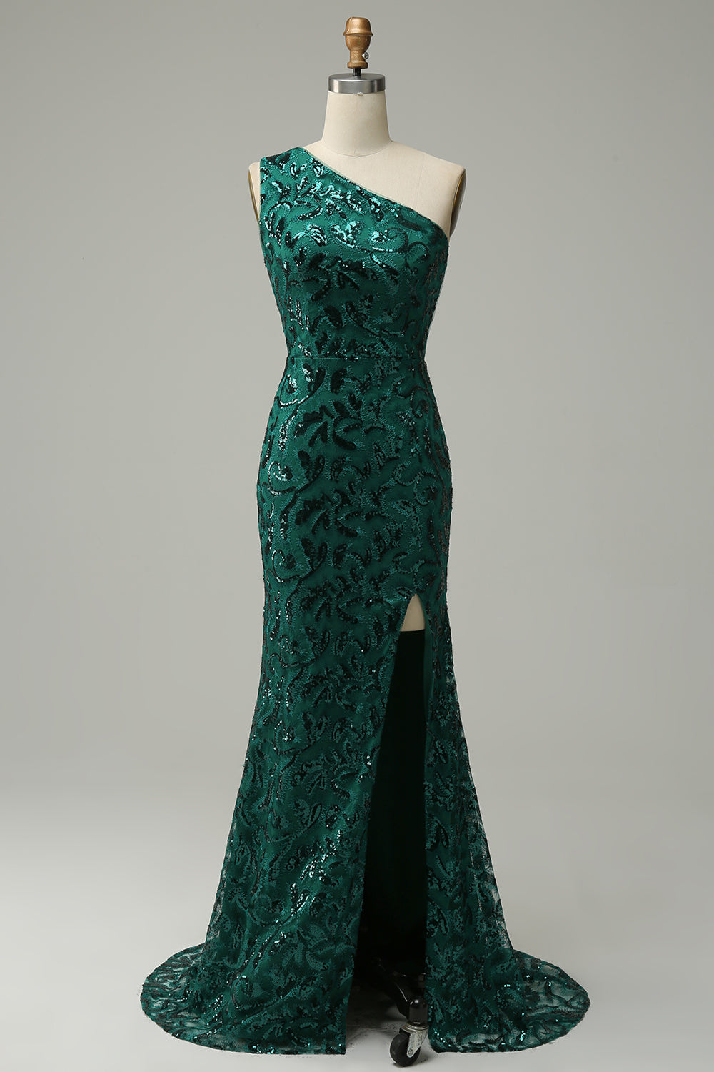 Dark Green Mermaid One Shoulder Sequins Long Prom Dress with Split Front
