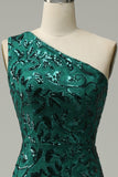 Dark Green Mermaid One Shoulder Sequins Long Prom Dress with Split Front