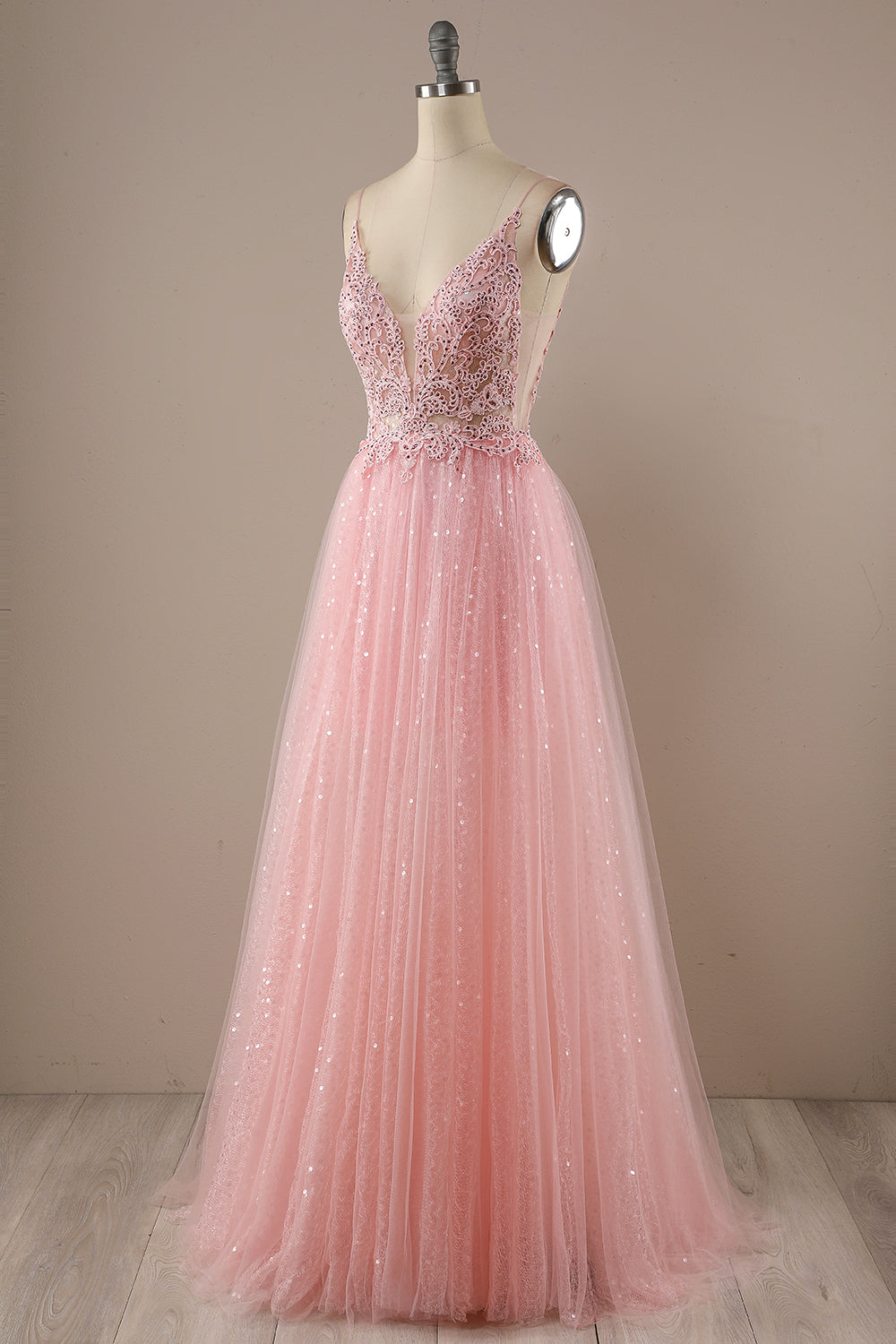Pink A Line Spaghetti Straps Long Prom Party Dress With Sequins