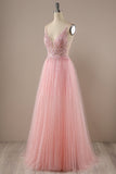 Pink A Line Spaghetti Straps Long Prom Party Dress With Sequins