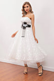 White A Line Spaghetti Straps Lace Midi Wedding Dress (Belt Not Included)
