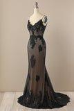 Black Mermaid Spaghetti Straps V neck Beaded Wedding Dress With Appliques
