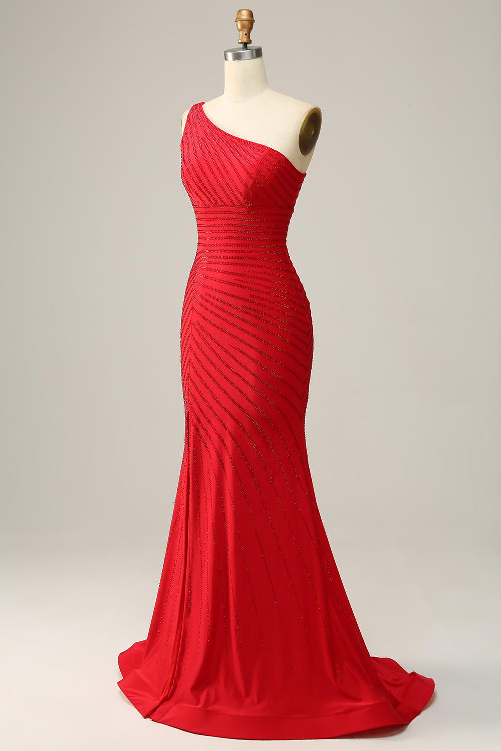 Red Mermaid One Shoulder Long Prom Dress with Beading