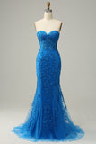 Royal Blue Mermaid Sweetheart Long Prom Dress with Criss Cross Back