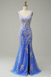 Light Blue Mermaid V Neck Long Prom Dress with Appliques Beading