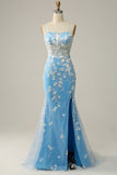 Blue Mermaid Spaghetti Straps Long Prom Dress with Appliques