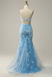 Blue Mermaid Spaghetti Straps Long Prom Dress with Appliques