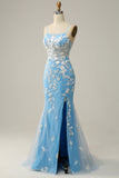 Blue Mermaid Spaghetti Straps Long Prom Dress with Appliques