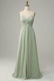 Dusty Sage A Line Spaghetti Straps Chiffon Bridesmaid Dress with Sleeveless