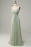 Dusty Sage A Line Spaghetti Straps Chiffon Bridesmaid Dress with Sleeveless