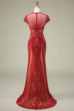 Gorgeous Burgundy Mermaid Jewel Neck Prom Dress with Beading