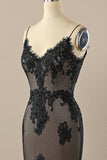 Black Mermaid Spaghetti Straps V neck Beaded Wedding Dress With Appliques