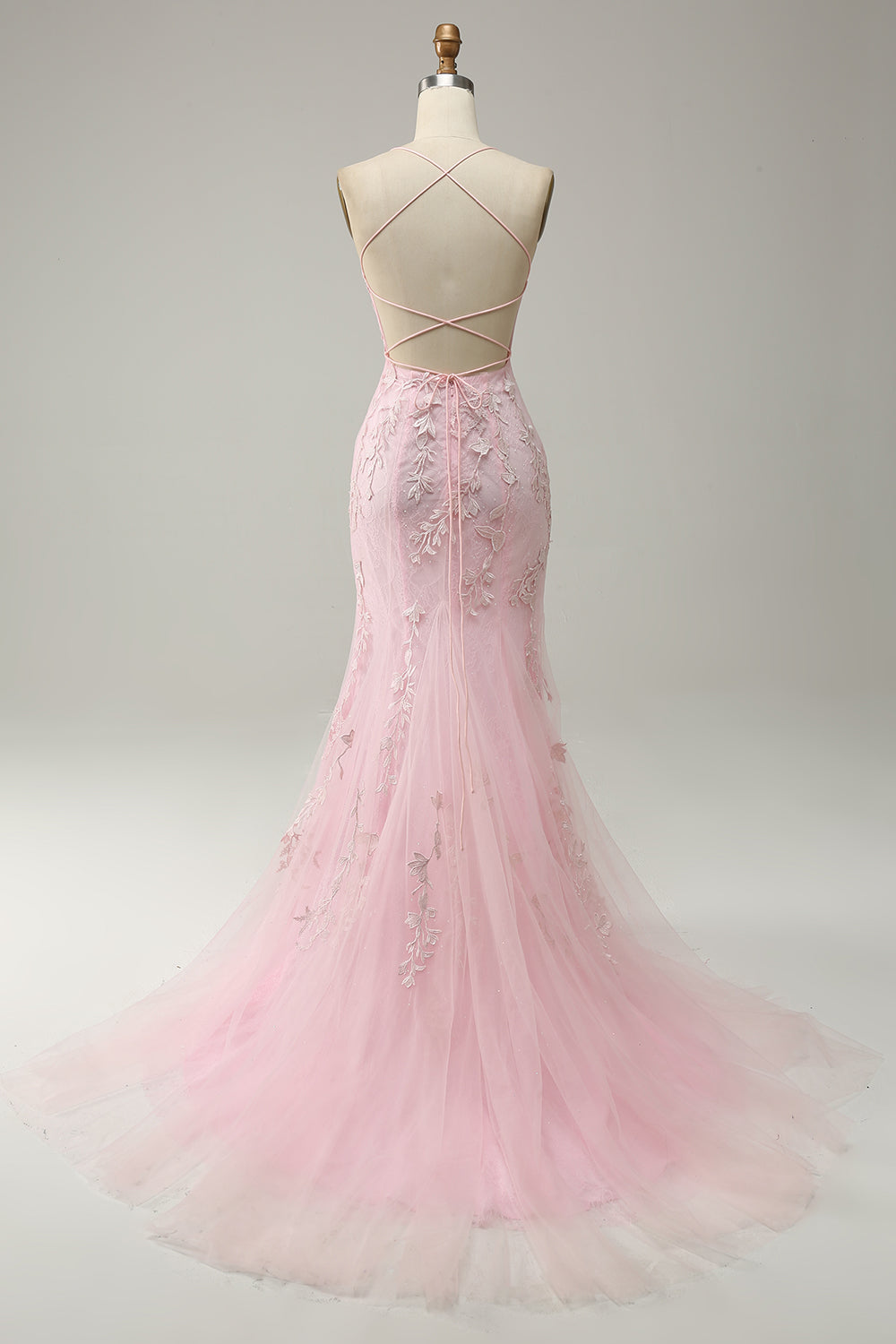Light Pink Mermaid Spaghetti Straps Long Prom Dress with Appliques