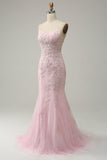 Light Pink Mermaid Spaghetti Straps Long Prom Dress with Appliques