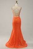 Orange Spaghetti Straps Sequins Mermaid Prom Dress with Split Front