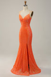 Orange Spaghetti Straps Sequins Mermaid Prom Dress with Split Front