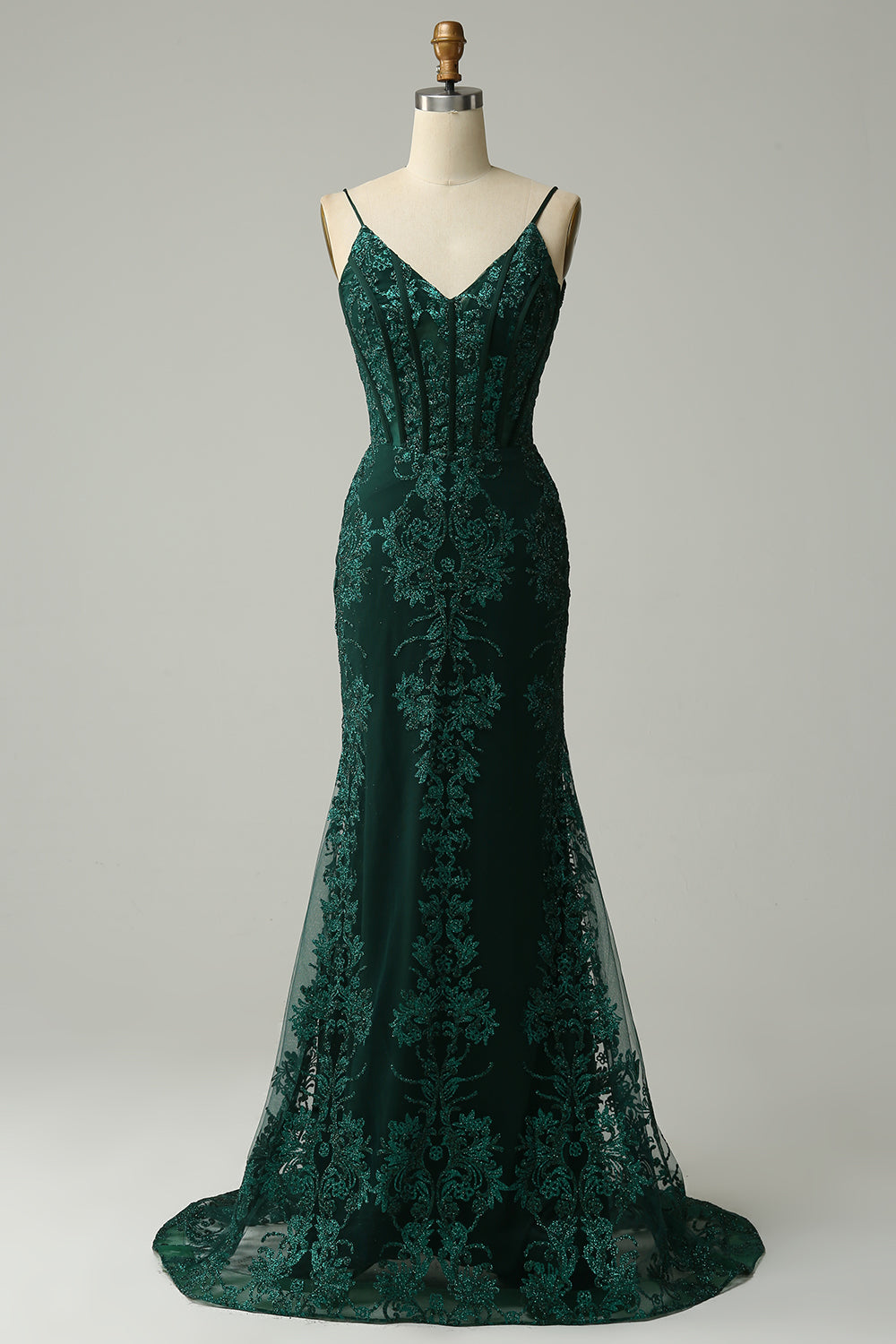 Peacock Green Mermaid Spaghetti Straps Corset Prom Dress with Appliques