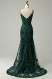 Peacock Green Mermaid Spaghetti Straps Corset Prom Dress with Appliques