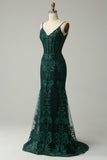 Peacock Green Mermaid Spaghetti Straps Corset Prom Dress with Appliques