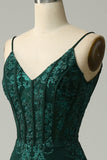 Peacock Green Mermaid Spaghetti Straps Corset Prom Dress with Appliques