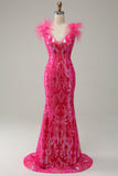 Fuchsia Mermaid Deep V Neck Sequins Long Prom Dress with Feathers